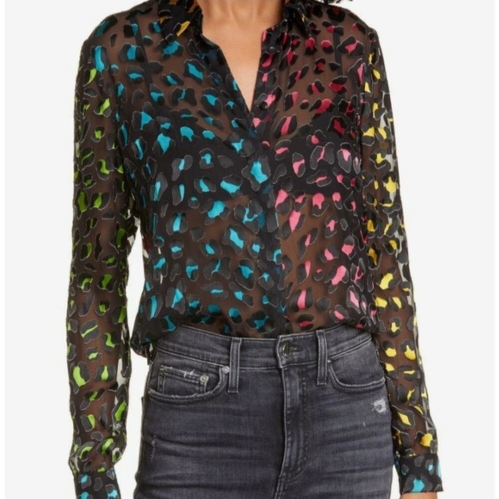 Alice+Olivia Willa Abstract Leopard Burnout Silk Blend Blouse MED Art To Wear